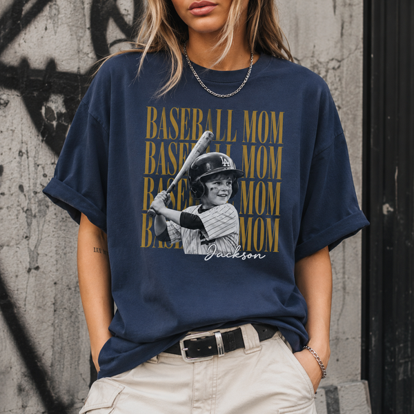 Custom Baseball Mom Shirt, Kid Name Photo Tee, Baseball Mama Apparel, Sports Mom Top, Game Day Outfit