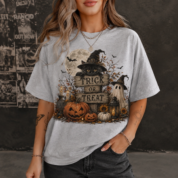 Vintage Halloween Cat Shirt, Black Cat Witch & Pumpkin Trick or Treat Tee