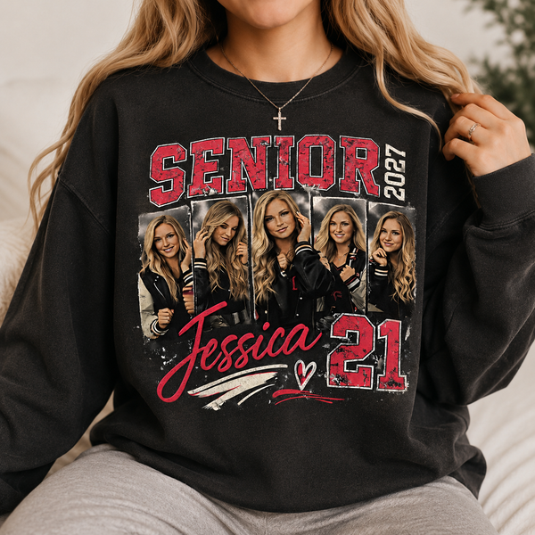 Custom 2027 Senior Football Mom Bootleg Shirt, Player Photo Tee With Name & Jersey Number