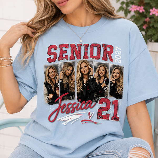 Custom 2027 Senior Football Mom Bootleg Shirt, Player Photo Tee With Name & Jersey Number