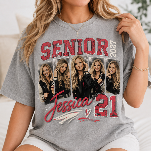 Custom 2027 Senior Football Mom Bootleg Shirt, Player Photo Tee With Name & Jersey Number