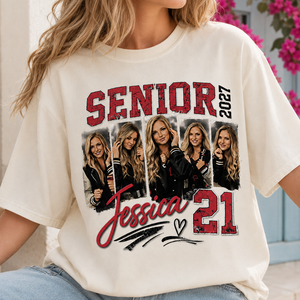 Custom 2027 Senior Football Mom Bootleg Shirt, Player Photo Tee With Name & Jersey Number