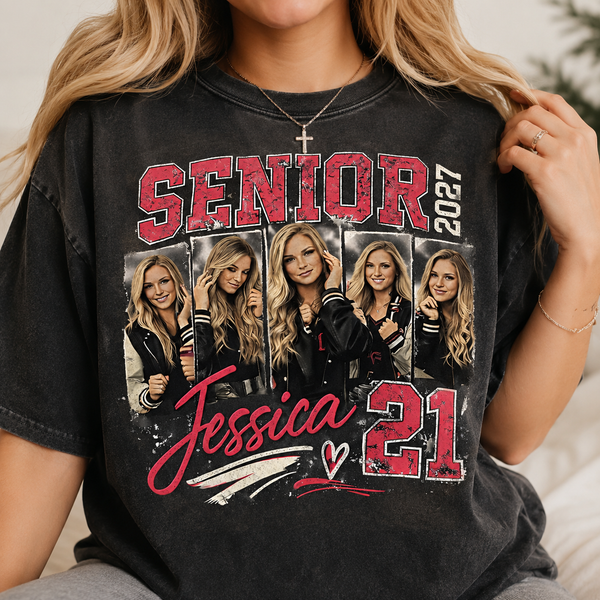 Custom 2027 Senior Football Mom Bootleg Shirt, Player Photo Tee With Name & Jersey Number