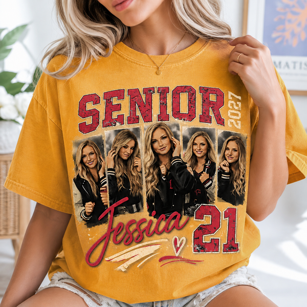 Custom 2027 Senior Football Mom Bootleg Shirt, Player Photo Tee With Name & Jersey Number