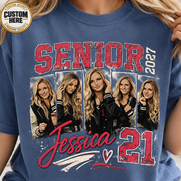 Custom 2027 Senior Football Mom Bootleg Shirt, Player Photo Tee With Name & Jersey Number