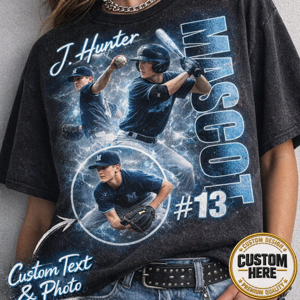 Custom Baseball Shirt, Baseball Player Photo Tee, Team Name School Shirt, Retro 90s Bootleg Graphic Tee