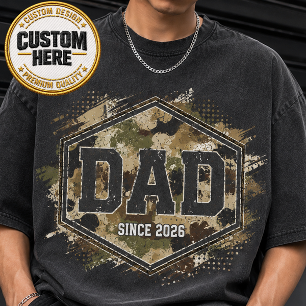 Retro Camo Dad Shirt, Personalized Father’s Day Tee, Classic Varsity Dad Gift