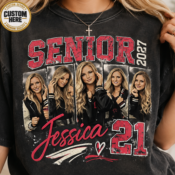 Custom 2027 Senior Football Mom Bootleg Shirt, Player Photo Tee With Name & Jersey Number
