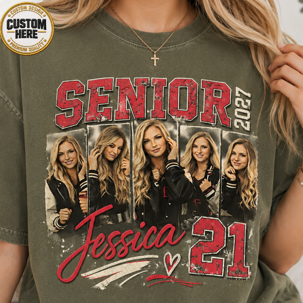 Custom 2027 Senior Football Mom Bootleg Shirt, Player Photo Tee With Name & Jersey Number