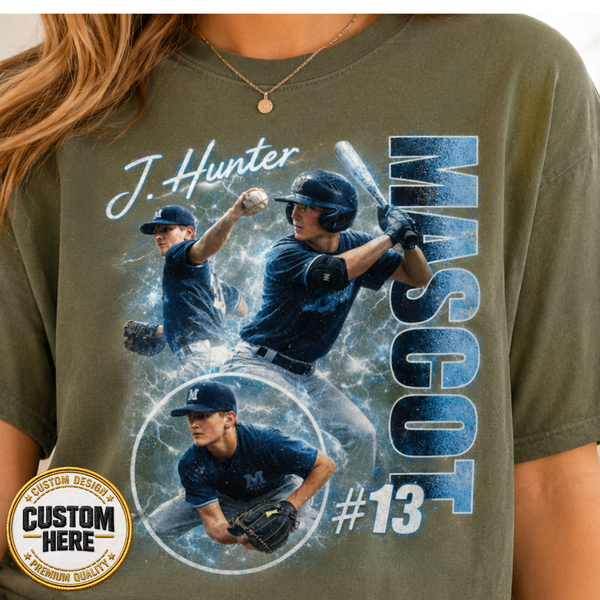 Custom Baseball Shirt, Baseball Player Photo Tee, Team Name School Shirt, Retro 90s Bootleg Graphic Tee
