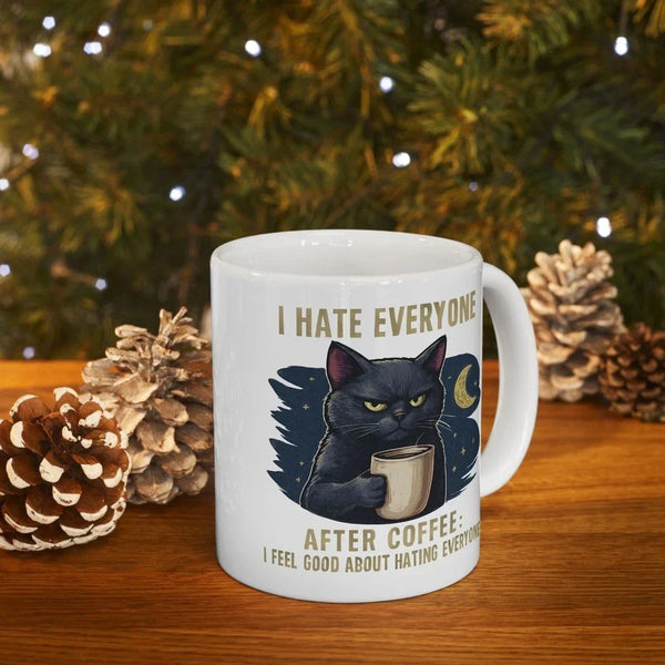 Funny Cat Coffee Mug Grumpy Black Cat Humor Cup 11oz Gift Morning Drink