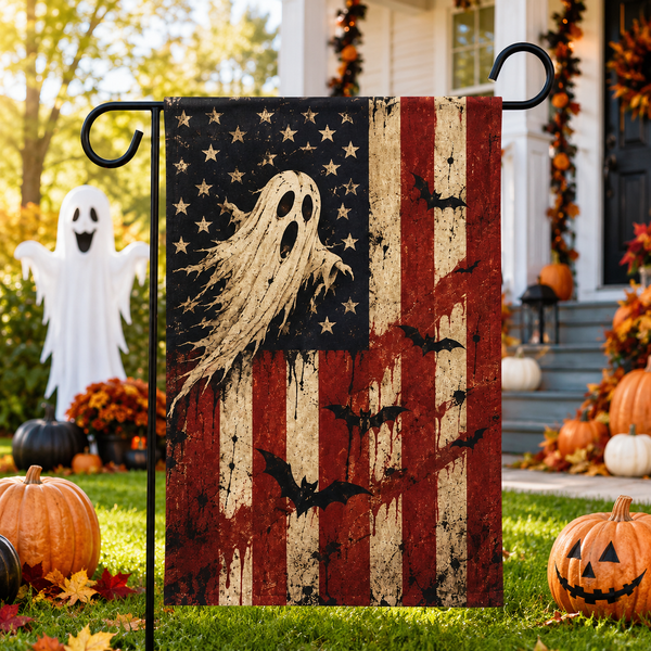 Vintage Ghost USA Garden Flag, Spooky Patriotic Halloween Yard Decor