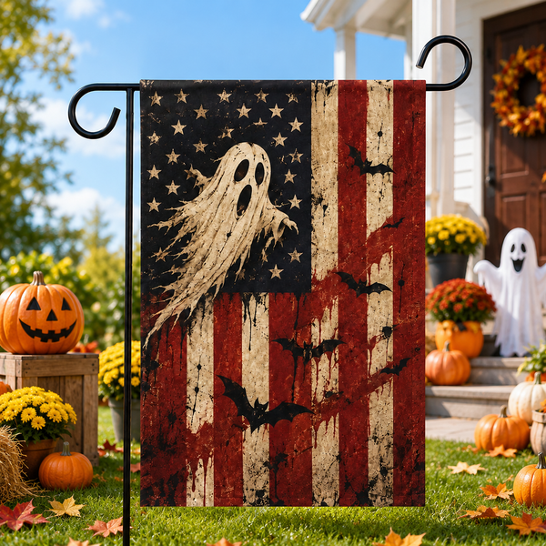Vintage Ghost USA Garden Flag, Spooky Patriotic Halloween Yard Decor