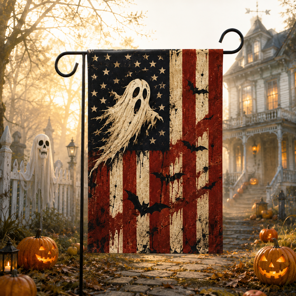 Vintage Ghost USA Garden Flag, Spooky Patriotic Halloween Yard Decor