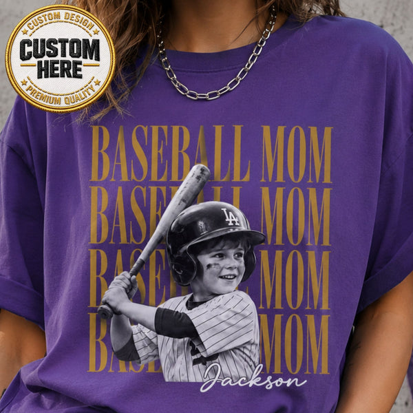 Custom Baseball Mom Shirt, Kid Name Photo Tee, Baseball Mama Apparel, Sports Mom Top, Game Day Outfit