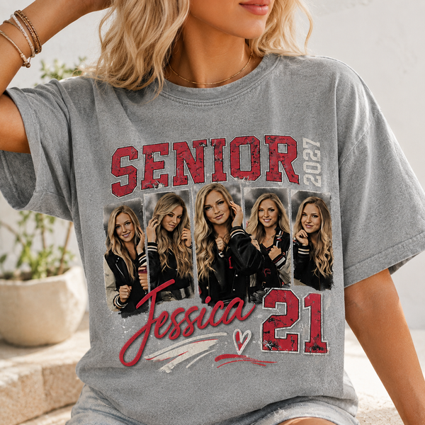 Custom 2027 Senior Football Mom Bootleg Shirt, Player Photo Tee With Name & Jersey Number