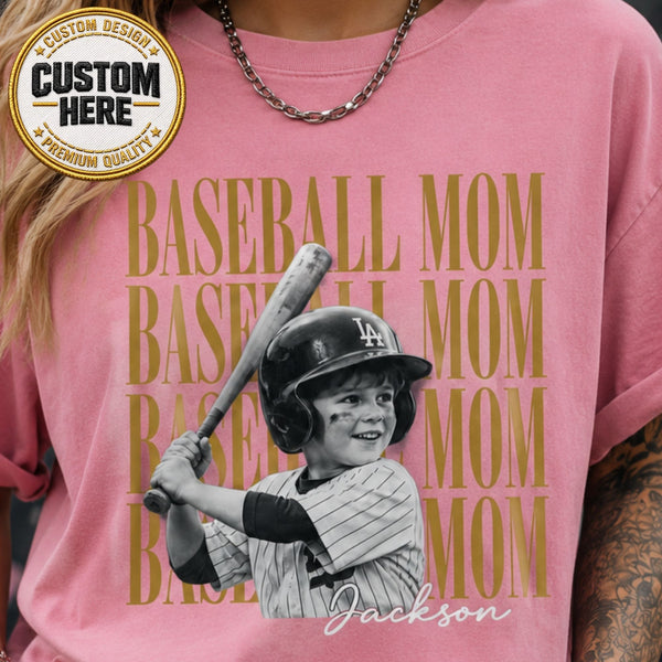 Custom Baseball Mom Shirt, Kid Name Photo Tee, Baseball Mama Apparel, Sports Mom Top, Game Day Outfit