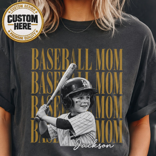 Custom Baseball Mom Shirt, Kid Name Photo Tee, Baseball Mama Apparel, Sports Mom Top, Game Day Outfit