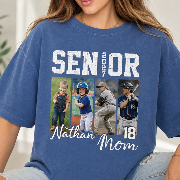 Custom Senior Baseball Mom Shirt 2027, Personalized Player Photo Tee With Name & Number