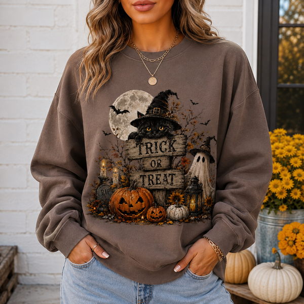 Vintage Halloween Cat Shirt, Black Cat Witch & Pumpkin Trick or Treat Tee