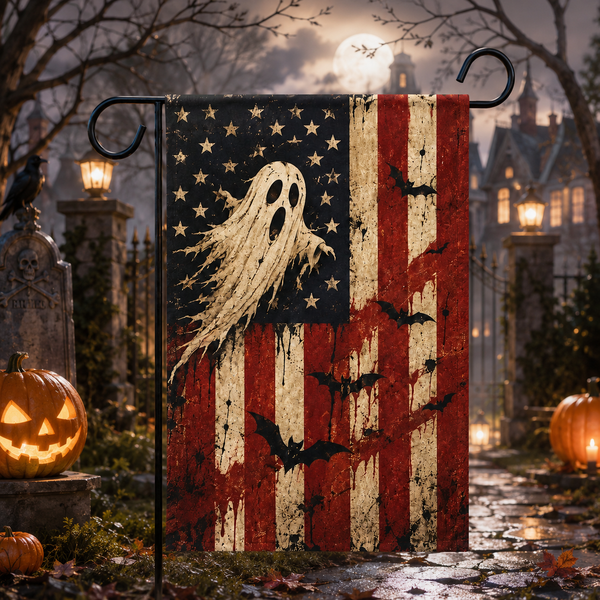 Vintage Ghost USA Garden Flag, Spooky Patriotic Halloween Yard Decor