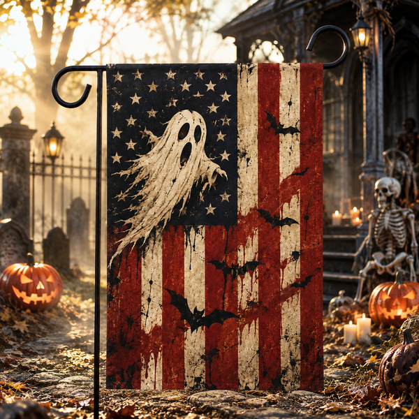 Vintage Ghost USA Garden Flag, Spooky Patriotic Halloween Yard Decor
