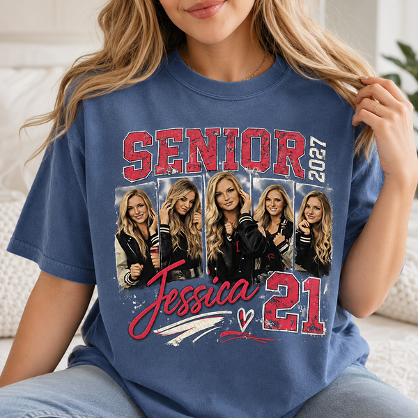 Custom 2027 Senior Football Mom Bootleg Shirt, Player Photo Tee With Name & Jersey Number
