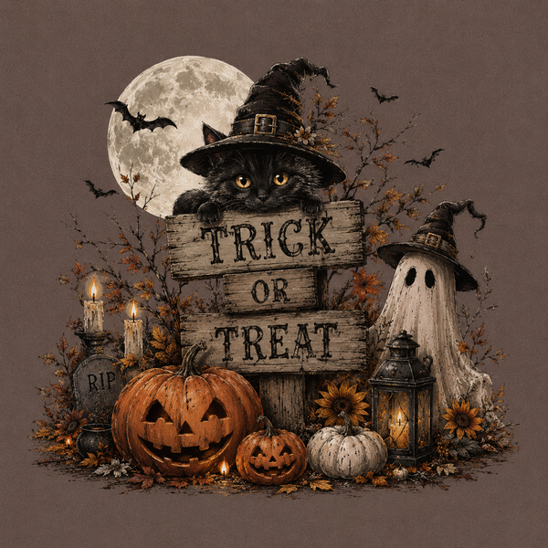 Vintage Halloween Cat Shirt, Black Cat Witch & Pumpkin Trick or Treat Tee