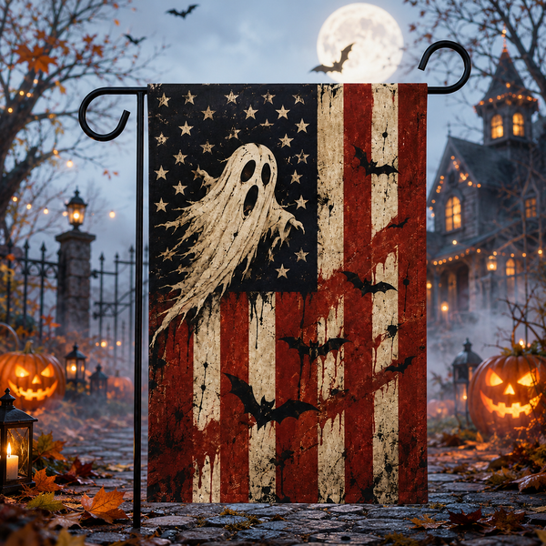 Vintage Ghost USA Garden Flag, Spooky Patriotic Halloween Yard Decor