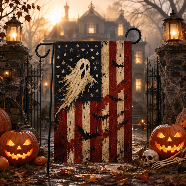 Vintage Ghost USA Garden Flag, Spooky Patriotic Halloween Yard Decor