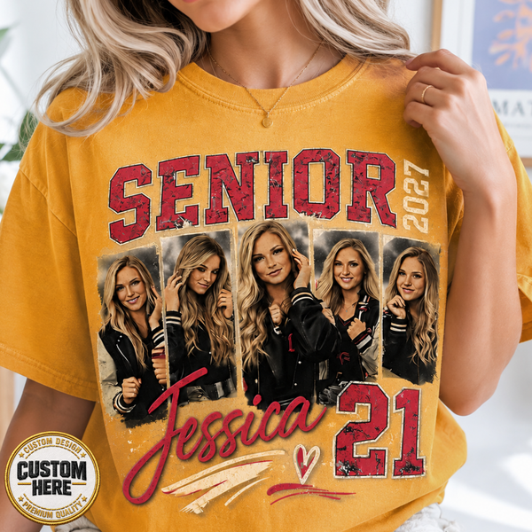 Custom 2027 Senior Football Mom Bootleg Shirt, Player Photo Tee With Name & Jersey Number