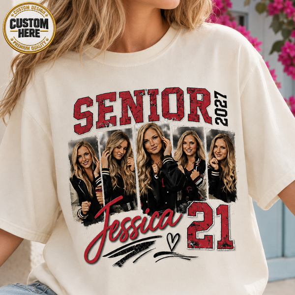 Custom 2027 Senior Football Mom Bootleg Shirt, Player Photo Tee With Name & Jersey Number