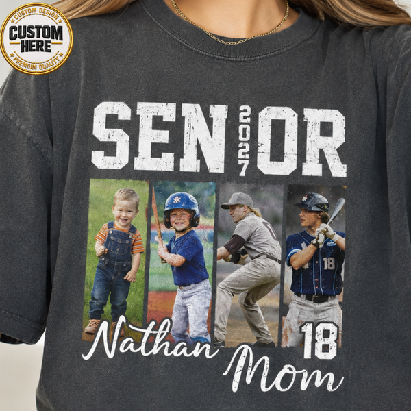 Custom Senior Baseball Mom Shirt 2027, Personalized Player Photo Tee With Name & Number