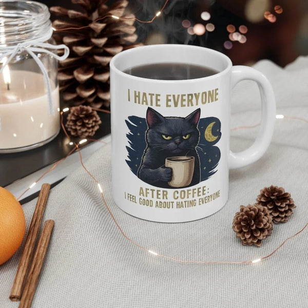 Funny Cat Coffee Mug Grumpy Black Cat Humor Cup 11oz Gift Morning Drink