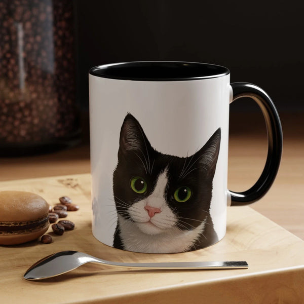 11oz Coffee Mug with Cute Black and White Cat Art – Green Eyes Gift Cup
