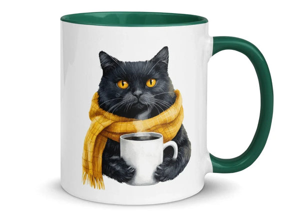 Black Cat Mug with Yellow Scarf – Cute Ceramic Coffee Cup for Cat Lovers